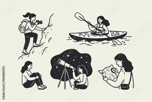 Set of Hand-Drawn Women Outdoor Adventure Activity Illustrations