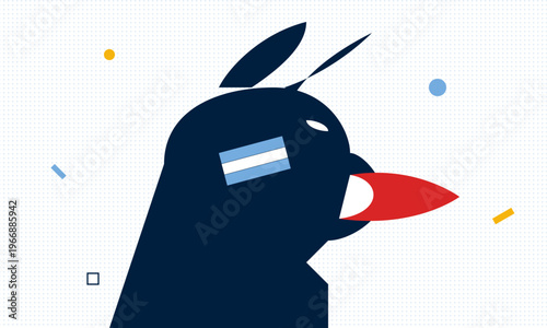 A dark blue stylized profile of a creature with a red beak and an argentinian flag on its cheek.