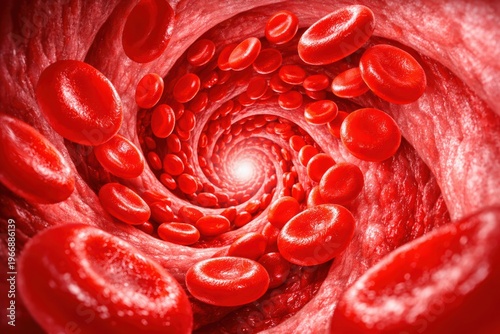 Blood Flow Vortex: A close-up view of swirling red blood cells inside a vessel, depicting the intricate flow and circulation. This image captures the essence of life's essential element.