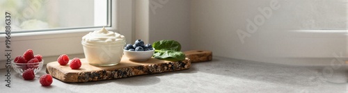 Berries and cream arranged on wooden board by window