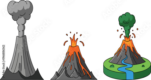 Cartoon Volcano Eruption Set with Lava Flow, Smoke Clouds, and Mountain Landscape Illustration for Natural Disaster, Geology Education, and Environmental Design Projects.