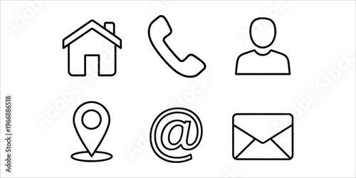 Contact Icons Set: Home Phone Person Location Email At Symbol for Business Communication Isolated on white background