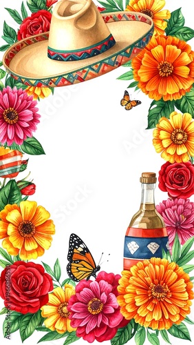 Illustration with vibrant blooms, sombrero, tequila, and butterflies