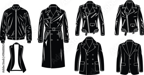 "Leather Jackets and Coats Collection, Bomber, Trench, Biker, and Blazer Styles for Fashion and Outerwear Designs"