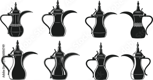 "Traditional Coffee Pots Collection, Arabic and Turkish Style, Vintage Coffee Jug and Pot Design for Beverage Illustrations"