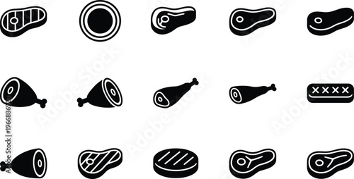 Meat food icon collection with steak, chicken leg, sausage and cuts, black silhouette set isolated on white background for restaurant menu and cooking design