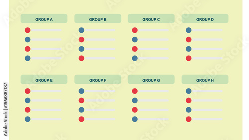 Hand-drawn simple sports tournament group stage schedule layout featuring organized grids from group A through H authentic illustration