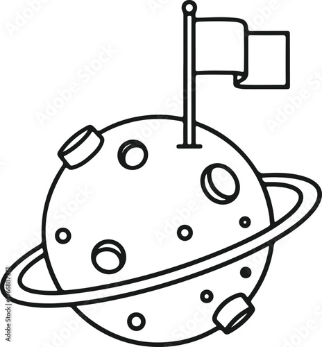 Astronomy vector illustration showing ringed planet with surface craters and small exploration flag on pole against transparent backdrop