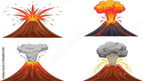 Cartoon Volcano Eruption Collection with Lava Explosion, Smoke Clouds, and Magma Flow Illustrations for Natural Disaster, Geology Education, and Environmental Design Projects.