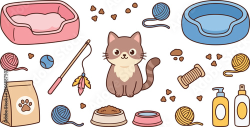Cute Cat Accessories Collection, Cartoon Pet Care Items and Kitten Supplies Vector Set