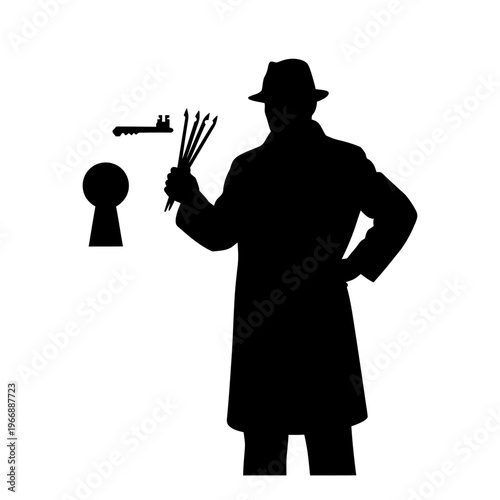 Silhouette of a man in a hat holding lock picks.