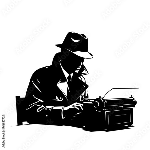 Silhouette of a man in a hat typing on a typewriter.