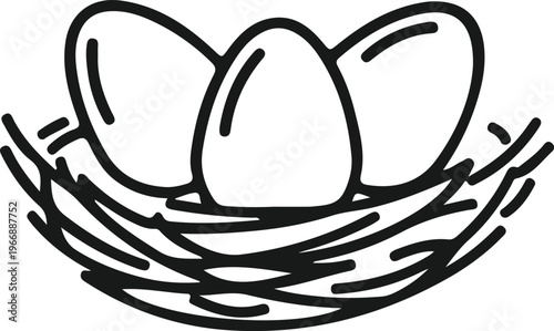 Hand drawn nest with three bird eggs illustration for spring season and nature life cycle concept isolated on transparent background