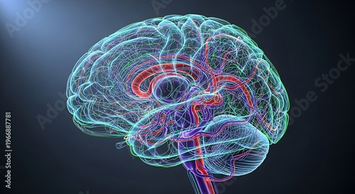 Detailed 3D illustration of human brain showing neural pathways and blood vessels in vibrant colors