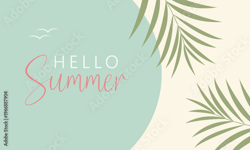 Hello summer card, banner in trendy bright colors with tropical leaves
