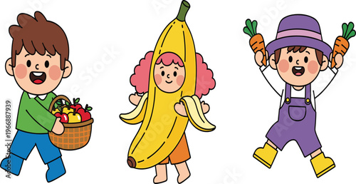 Cute Cartoon Kids with Fruits and Vegetables Costumes Illustration Set Featuring Children Holding Basket, Banana Outfit, and Carrots for Fun Healthy Lifestyle Designs.