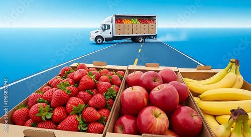 Fresh fruit delivery truck transporting strawberries apples and bananas on highway roadway