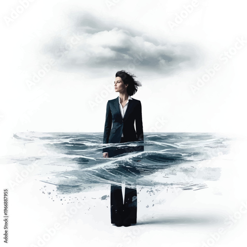 Resilient businesswoman stands firm amidst swirling waters and an ominous cloud, embodying strength in crisis and unwavering determination