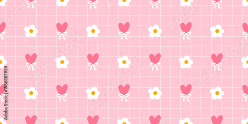 Heart floral spring for pattern flower kawaii and quilt cute valentines. Seamless blanket gingham for background color checkerboard and ornament wallpaper stationery. Heart vector cottagecore.