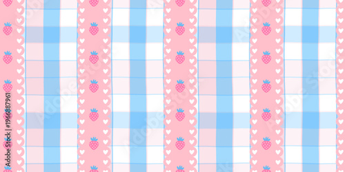 Strawberry gingham plaid with flower pattern texture and tartan seamless check. Tablecloth pink picnic for kids easter background and vector cloth vichy. Strawberry grid doodle for flower soft.
