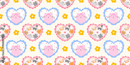 Seamless spring frame with floral patchwork cat for kawaii flower cute. Pattern daisy girly with holiday ornament checkered for fruit checkerboard illustration. Quilt ribbon seamless.