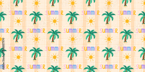 Palm seamless beach with tree pattern surfboard and cute tropic floral. Island simple summer with girly vector print and illustration abstract art. Background hawaii palm with boho bg tree