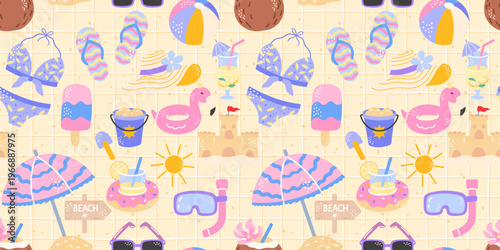 Pattern seamless coastal with summer beach print and vector beach elements cute. Abstract cocktail doodle with drink flower illustration and italian mediterranean ocean