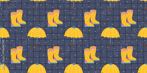 Umbrella seamless pattern with autumn raindrops and rain, a cute hearts print for rainy summer days through a vector design for children. Colorful rubber boots on a repeat background