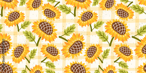 Sunflower floral seamless pattern simple and background cute autumn. Fall vector vintage with gingham modern checkered and whimsical print summer. Yellow can sunflower with harvest