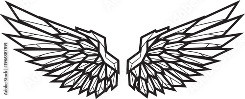 Geometric angel wings in black and white illustration style
