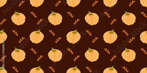 Pumpkin seamless halloween with pattern harvest leaf and fall thanksgiving print. Acorn autumn background with illustration cute food and garden vector vine. Vintage wallpaper pumpkin