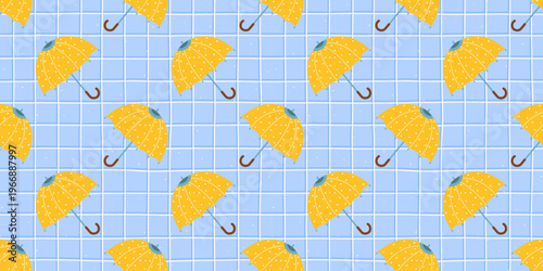 Umbrella seamless pattern with autumn raindrops and rain, a cute hearts print for rainy summer days through a vector design for children