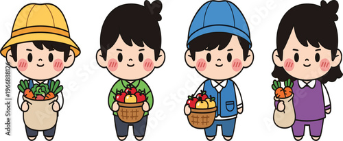 Cute Cartoon Farmers Holding Fresh Vegetables and Fruits Basket Illustration Set with Adorable Agricultural Characters for Organic Farming and Healthy Food Design Projects.