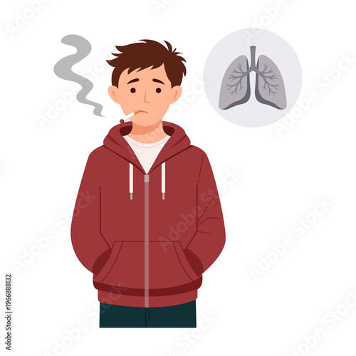 Young man smoking cigarette with lung damage symbol. Concept of tobacco addiction, unhealthy lifestyle, respiratory disease and harmful effects of smoking on human lungs.Vector 