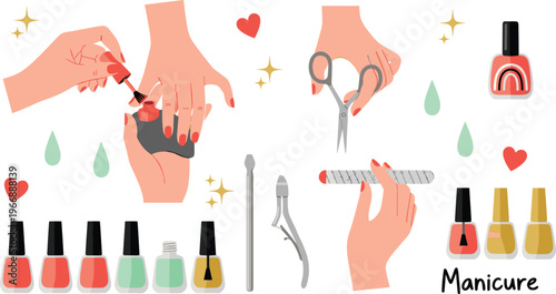 Manicure and Nail Care Vector Set with Hands, Nail Polish, Tools, Clippers, File, and Beauty Treatment Elements for Salon, Cosmetics, and Self Care Design
