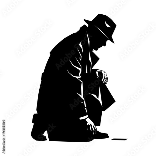 Silhouette of a Man in Hat and Coat Crouching Down.