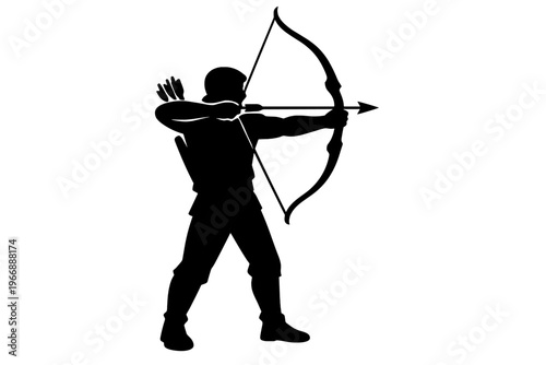 Silhouette of male archer drawing bow and arrow in action pose