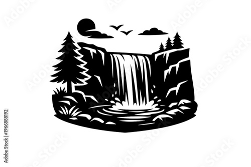 Monochrome waterfall scene with pine trees and birds