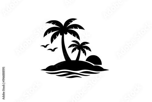 Tropical island silhouette with palm trees and birds at sunset