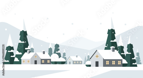 Flat Vector Illustration of a Cozy Snowy Winter Village Landscape with Pine Trees