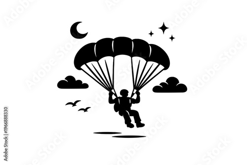 Silhouette of parachutist in night sky with stars and birds under moon