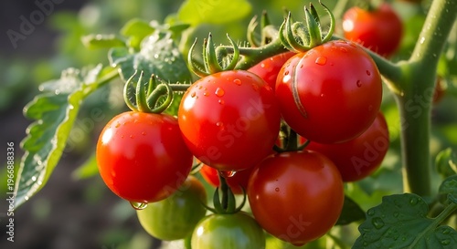 Fresh ripe cherry tomatoes growing on healthy green plant in natural sunlight outdoor setting
