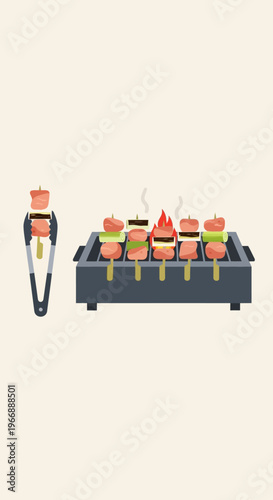 Flat Vector Illustration of Grilled Yakitori Skewers on a Charcoal Grill