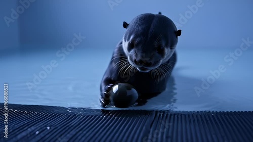 Cute Otter Playing With a Shiny Ball in Water, Close Up