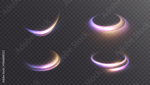 Dynamic light trails and shimmering arcs creating a vibrant, luminous effect on a transparent background, offering an energetic feel