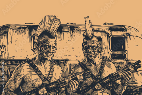 Vector engraving illustration of two post-apocalyptic punk raiders with mohawks holding guns standing in front of a ruined trailer.