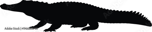 Crocodile silhouette isolated on white background, black reptile shape illustration, wildlife predator icon for nature, animal design, and dangerous aquatic creature concepts