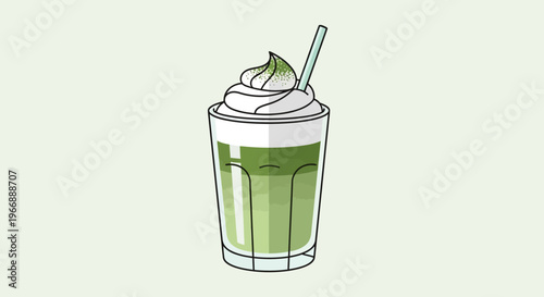 Matcha Green Tea Latte with Whipped Cream in a Glass