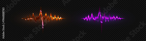 Dynamic sound waves visualizing the frequency and rhythm of sound. Two bright energy pulses, one orange, the other purple, against a dark background.