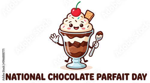 Cartoon chocolate parfait dessert character.